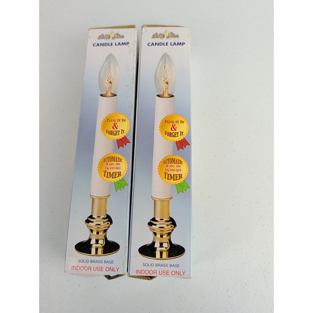 NEW ( 2 )Electric Lighted Candle Stick Solid Brass Base Auto Timer Brite Star
